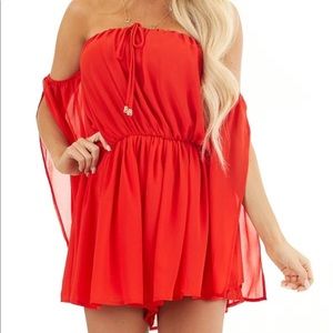 Red Off the Shoulder Romper w/ Slit Sleeves